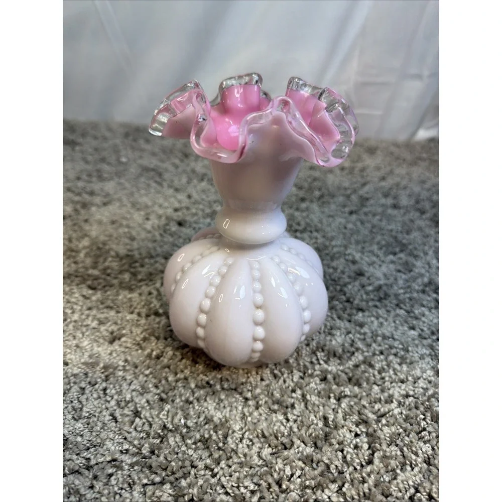 Vintage Fenton Silver Crest Beaded Melon Cased Pink Milk Glass Vase 6 1/2